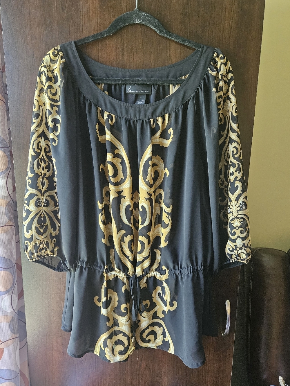 Lane Bryant Sheer Black Tunic with Gold Baroque Print Size 14